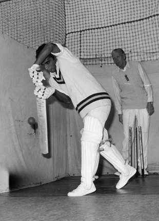 Sunil Gavaskar bats in indoor nets as Alf Gover watches, London, June 19, 1971