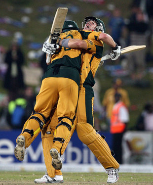James Hopes gives Shane Watson a bear hug, Australia v New Zealand, ICC Champions Trophy final, Centurion, October 5, 2009