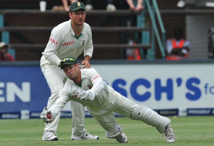 Mark Boucher makes a diving stop as England were skittled for 180 at the Wanderers