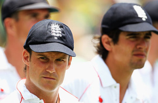 England captain Andrew Strauss and vice-captain Alastair Cook look rueful after England crashed to defeat, South Africa v England, Johannesburg, 17 January, 2010 