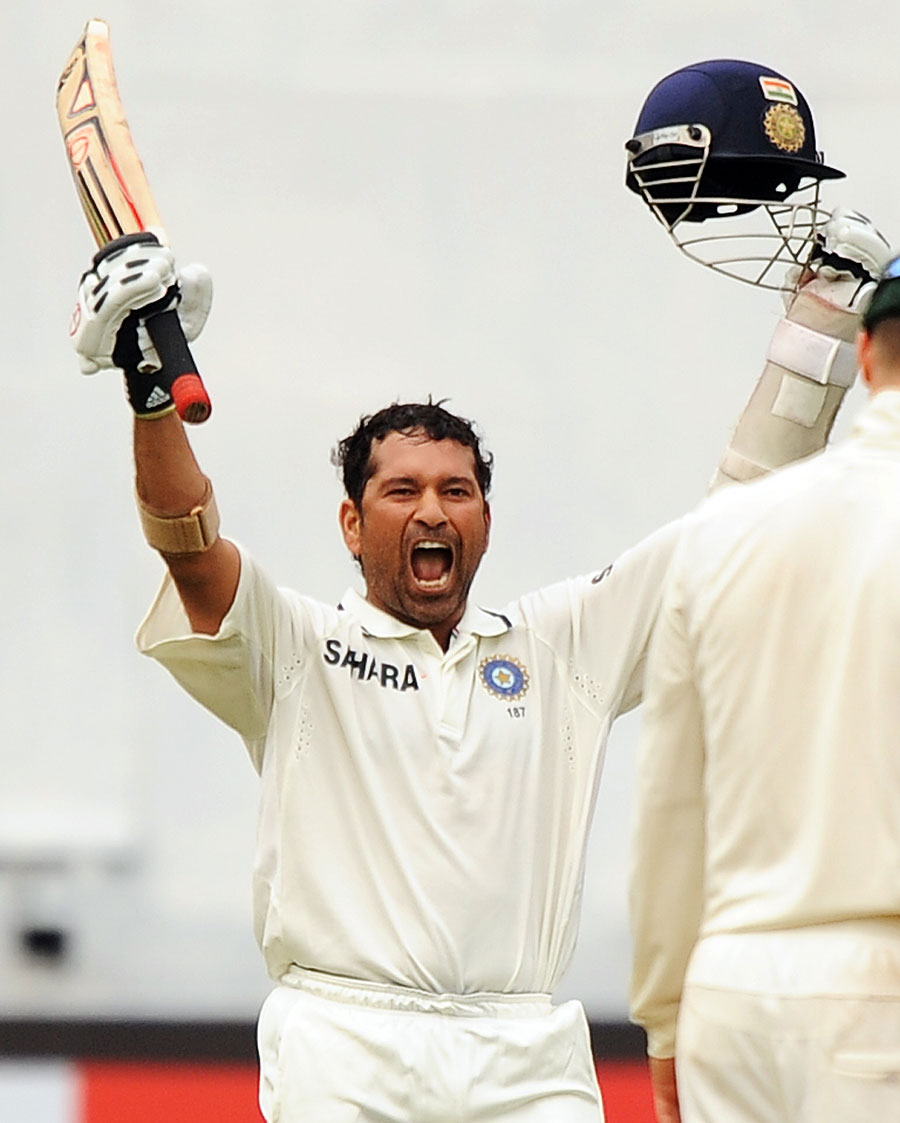 Sachin Tendulkar roars at the dressing room after scoring the winning runs