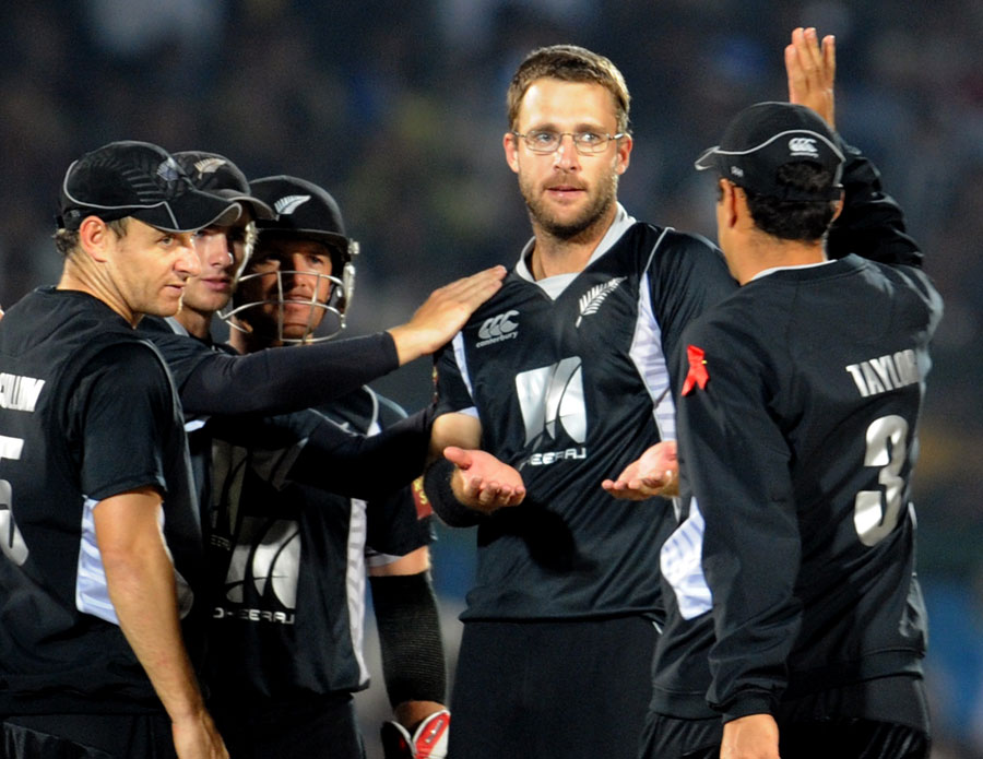 Daniel Vettori celebrates the dismissal of M Vijay