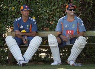 Ricky Ponting and Mike Hussey wait for their stint in the nets, 
Perth, December 14, 2010