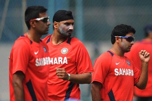 R Ashwin, Harbhajan Singh and Piyush Chawla prepare to bowl at the nets, Bangalore, February 25, 2011