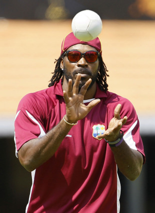Chirs Gayle in action during a practice session, Chennai, March 16, 2011