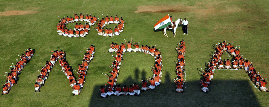Schoolchildren show their support for Team India ahead of the World Cup semi-final