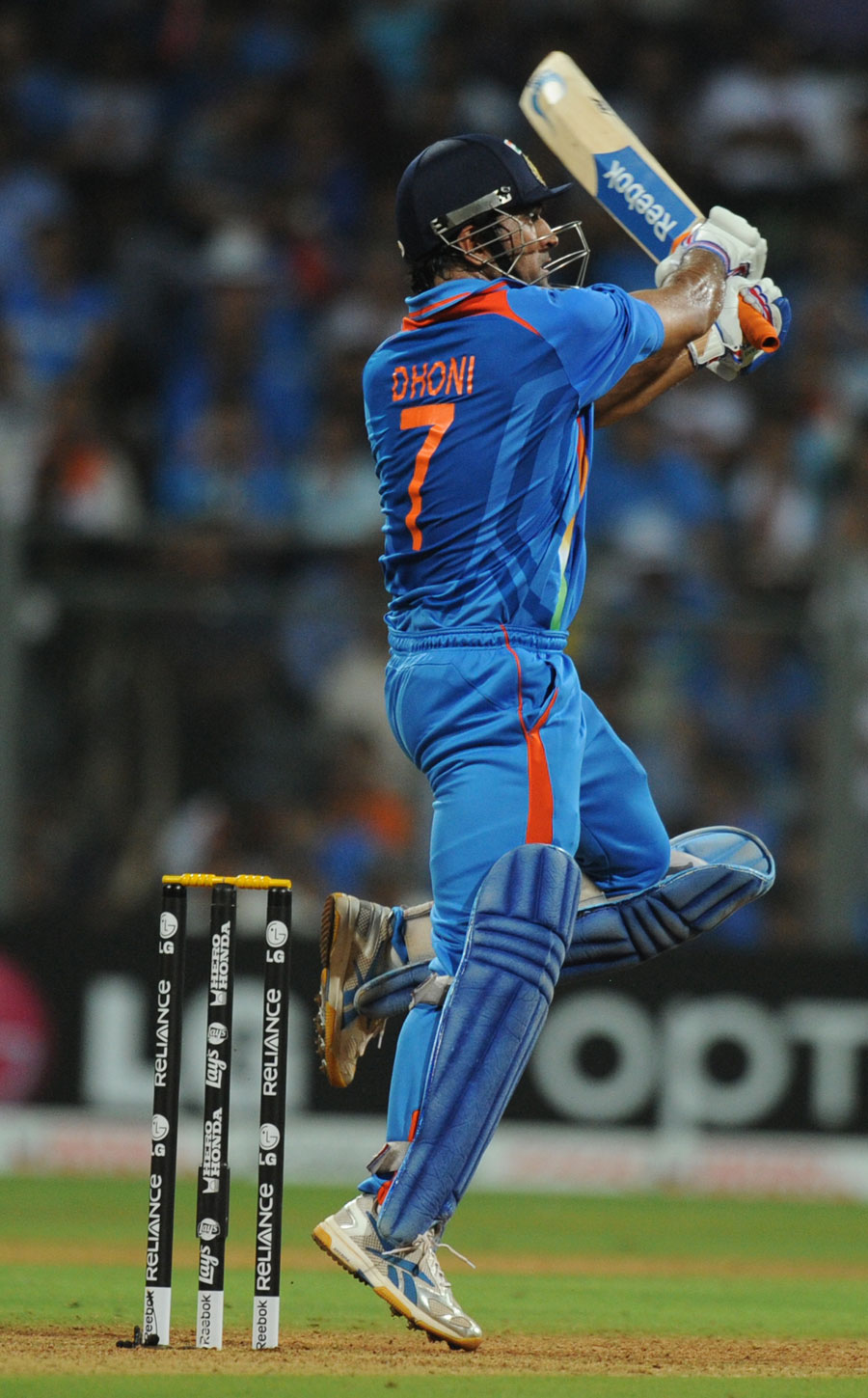 MS Dhoni plays a jumping pull during his half-century