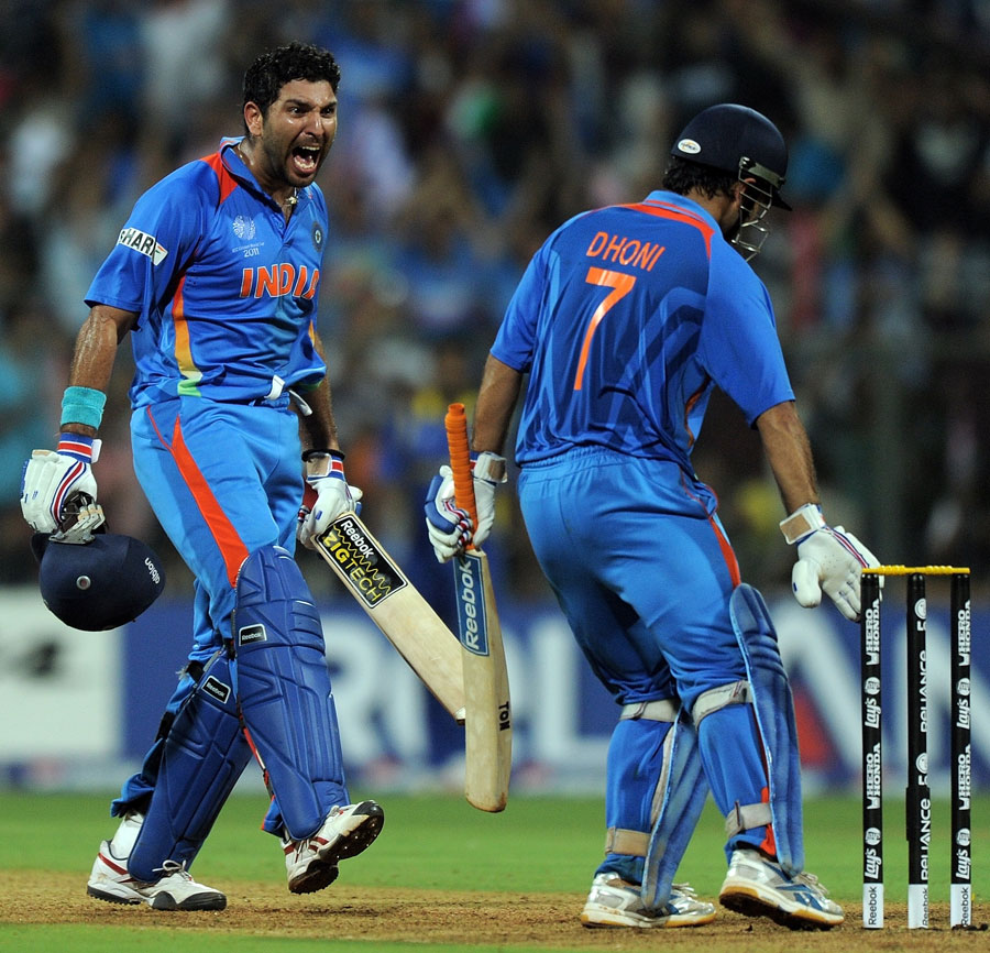 Yuvraj Singh roars as MS Dhoni uproots stumps after taking India to victory in the World Cup final