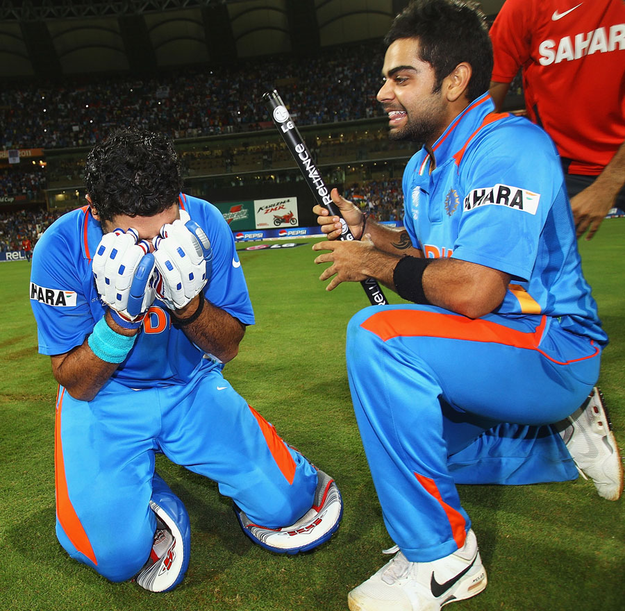 Yuvraj Singh can barely control his emotions, while Virat Kohli is all smiles