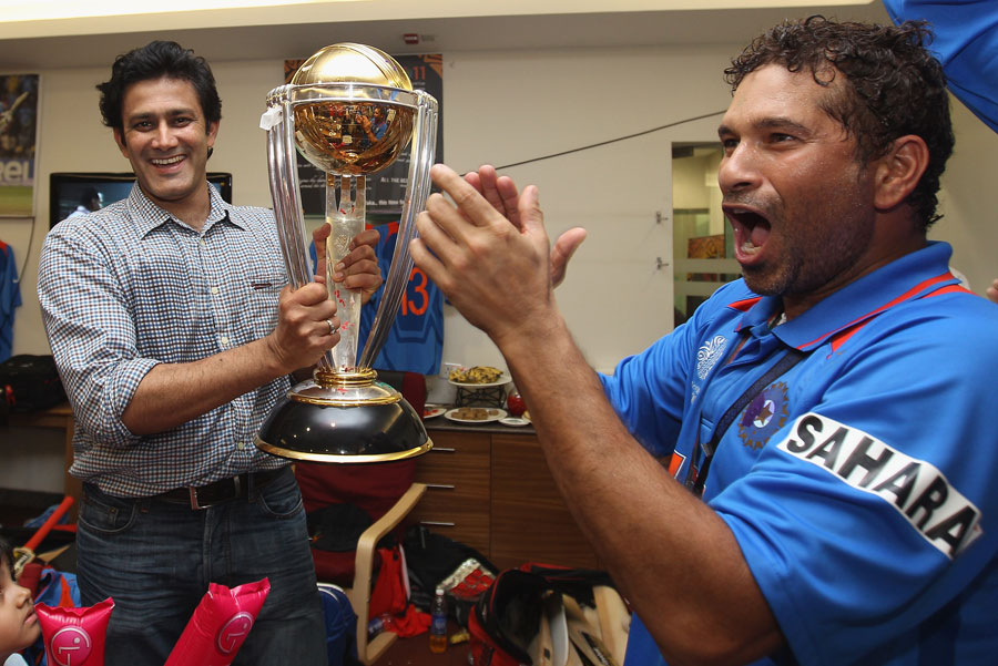 Anil Kumble, who was part of four unsuccessful World Cup campaigns, is given a chance to hold the trophy 
