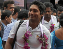 Sri Lanka captain Kumar Sangakkara is all smiles after his team reached home following their World Cup campaign