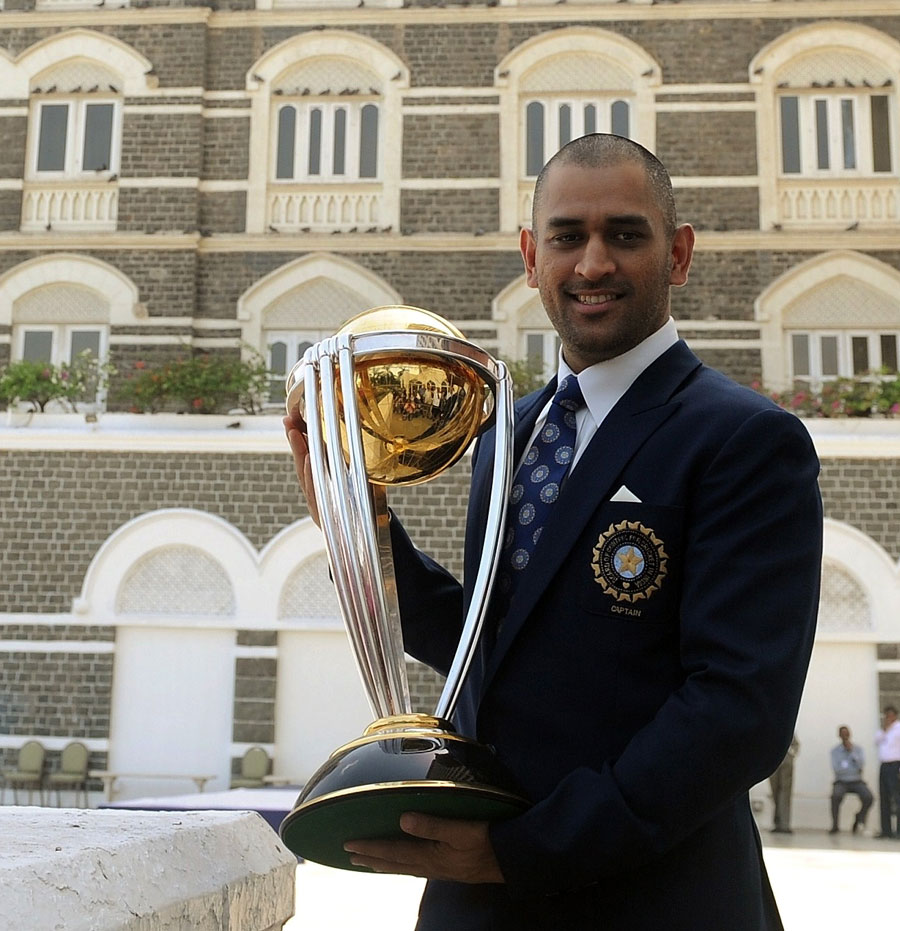 MS Dhoni with the World Cup trophy on the morning after the final