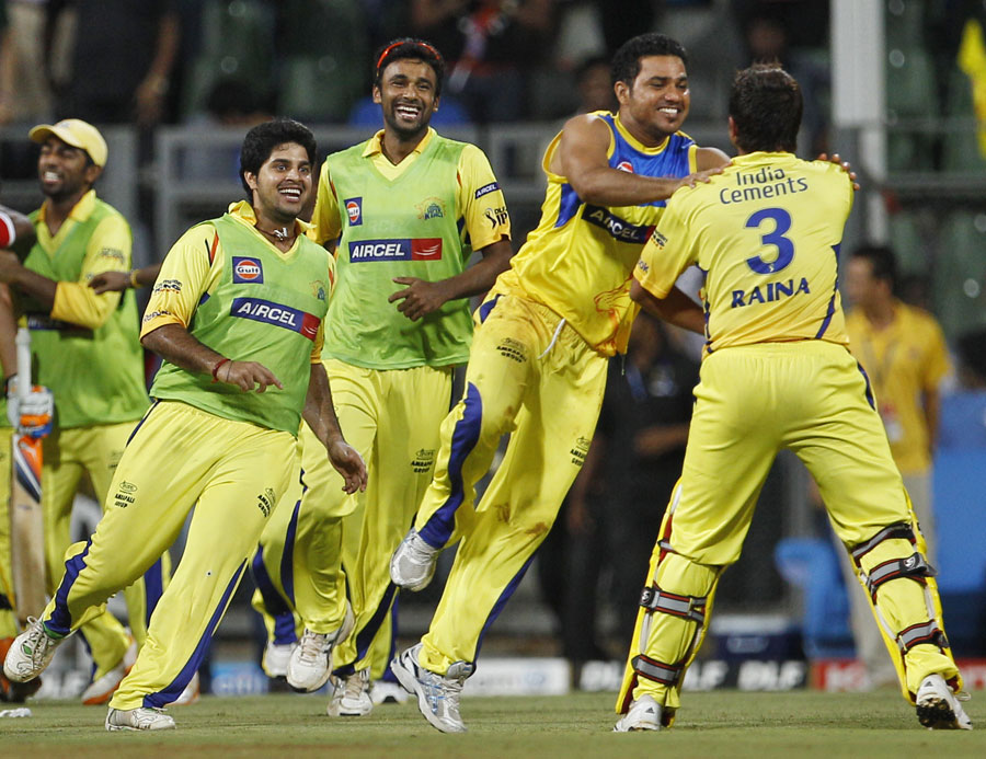 Chennai players rush out to hug Suresh Raina after their thrilling win