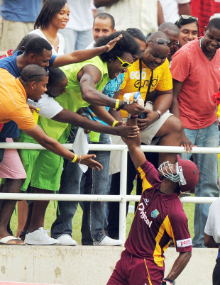 Marlon Samuels celebrates the win with Chris Gayle, West Indies v India, 5th ODI, Kingston, Jamaica, June 16, 2011