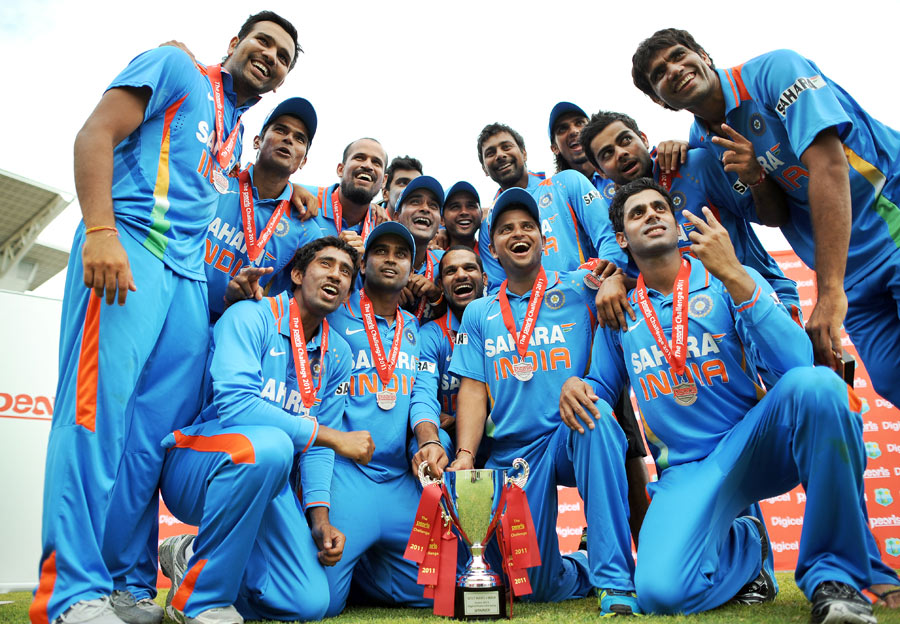 A jubilant Indian team with the series trophy