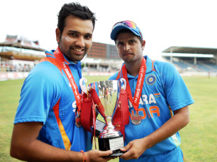 Man of the Series Rohit Sharma and India captain Suresh Raina with the trophies at Sabina Park