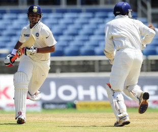 Suresh Raina and Harbhajan Singh run between the wickets during their century stand, West Indies v India, 1st day, 1st Test, Kingston, June 20, 2011