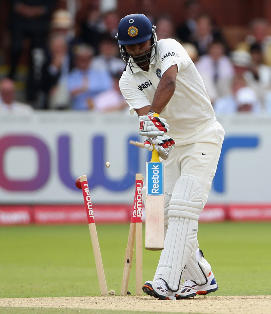 Praveen Kumar is cleaned up by Stuart Broad 