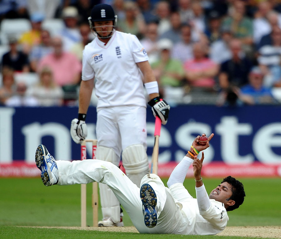 Sreesanth appeals after taking a bump-catch on his follow-through off Ian Bell 