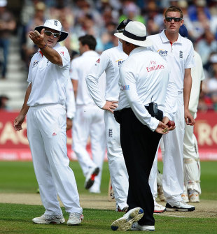 Andrew Strauss gestures to the umpire after a failed review, England v India, 2nd npower Test, Trent Bridge, 2nd day, July 30, 2011