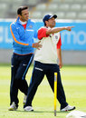 Rahul Dravid and Sachin Tendulkar share a light moment during practice