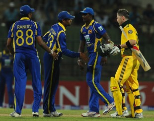 The Sri Lankans congratulate Michael Clarke, Sri Lanka v Australia, 1st ODI, Pallekele, August 10, 2011