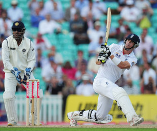 Kevin Pietersen watches his switch-hit go to the boundary, England v India, 4th Test, The Oval, 2nd day, August 19, 2011