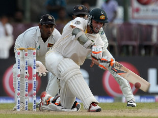 Michael Hussey goes for the sweep, Sri Lanka v Australia, 1st Test, Galle, 1st day, August 31, 2011