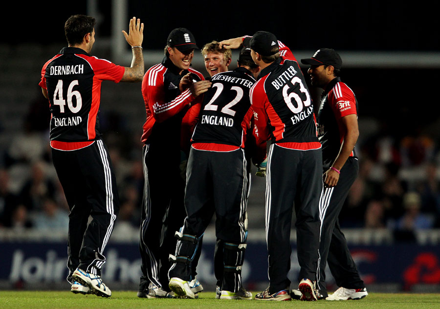 Scott Borthwick is congratulated on his first England wicket