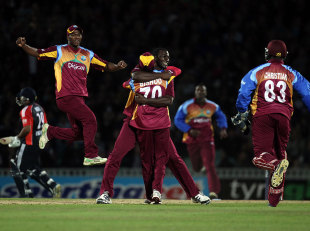 West Indies celebrate after Samit Patel is run out by a direct hit, England v West Indies, 2nd Twenty20, The Oval, September 25, 2011
