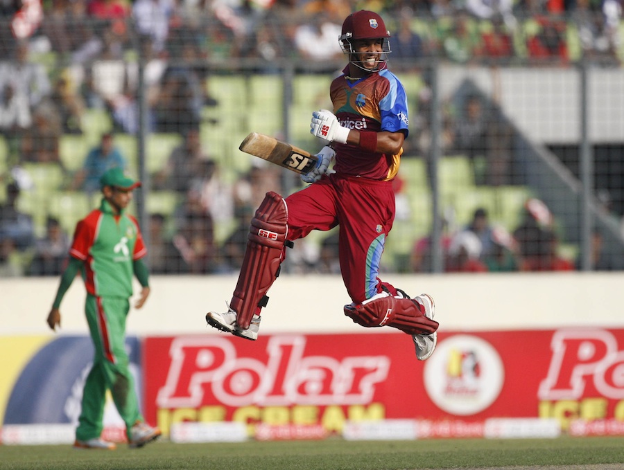 Lendl Simmons leaps in joy after scoring his maiden ODI century
