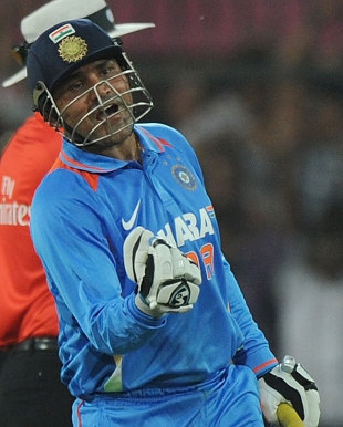 Virender Sehwag is pumped up after his one-day double-ton, India v West Indies, 4th ODI, Indore, December 8, 2011
