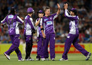 Xavier Doherty and his Hobart team-mates celebrate a wicket