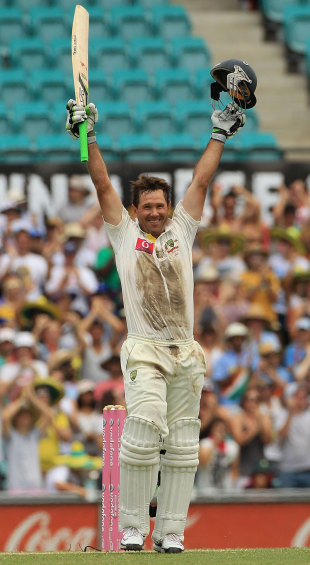 Ricky Ponting stands arms aloft after completing his 40th Test hundred, Australia v India, 2nd Test, Sydney, 2nd day, January 4, 2012