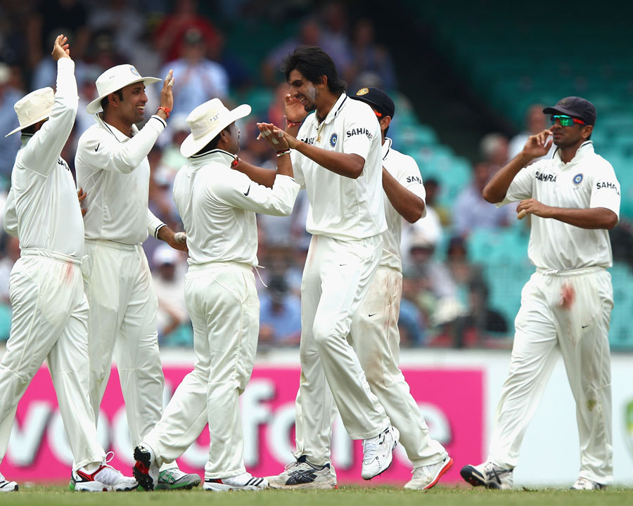 Ishant Sharma is congratulated on dismissing Ricky Ponting 