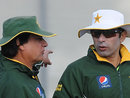 Mohsin Khan has a chat with Misbah-ul-Haq during a training session