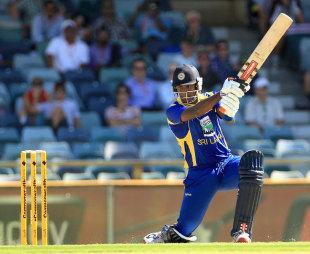 Angelo Mathews drives through the off side, India v Sri Lanka, CB Series, 2nd ODI, Perth, February 8, 2012