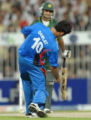 Dawlat Zadran is thrilled to have Mohammad Hafeez's wicket, Afghanistan v Pakistan, one-off ODI, Sharjah, February 10, 2012