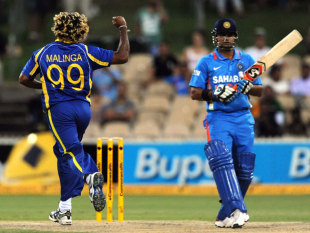 Lasith Malinga celebrates after having Suresh Raina caught down the leg side, India v Sri Lanka, Commonwealth Bank Series, Adelaide, February 14, 2012