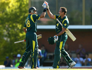 Michael Hussey congratulates Peter Forrest on his first ODI hundred, Australia v Sri Lanka, CB Series, Hobart, February 24, 2012