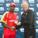 Chaminda Ruwan receives the Player of the match award from Tony Hill