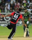 Jade Dernbach celebrates after taking a sharp caught-and-bowled