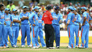 MS Dhoni discusses the appeal for obstructing the field with umpire Billy Bowden