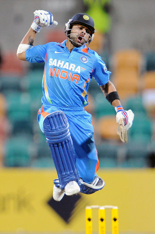 Virat Kohli celebrates his ninth ODI ton, India v Sri Lanka, CB series, Hobart, February 28, 2012