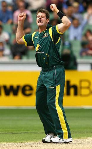 Daniel Christian celebrates his hat-trick, Australia v Sri Lanka, CB series, Melbourne, March 2, 2012