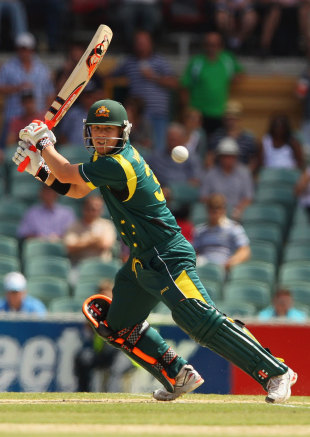David Warner plays one square on the off side, Australia v Sri Lanka, Commonwealth Bank Series, 2nd final, Adelaide, March 6, 2012 