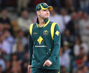 Michael Clarke reflects on a tough day in the field, Australia v Sri Lanka, Commonwealth Bank Series, 2nd final, Adelaide, March 6, 2012 
