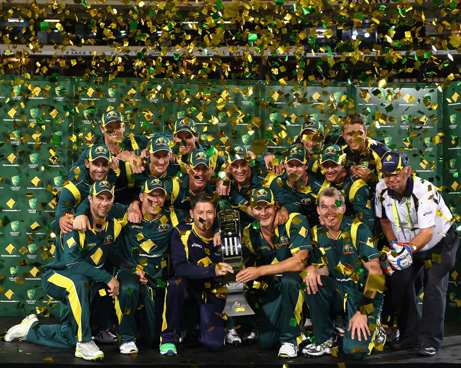The Australian team pose with the Commonwealth Bank series trophy 