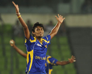 Suranga Lakmal celebrates dismissing Younis Khan, Pakistan v Sri Lanka, Asia Cup, Mirpur, March 15, 2012