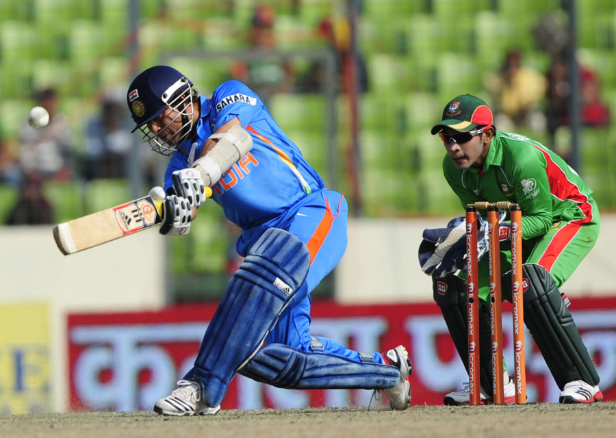 Sachin Tendulkar plays an aggressive stroke 